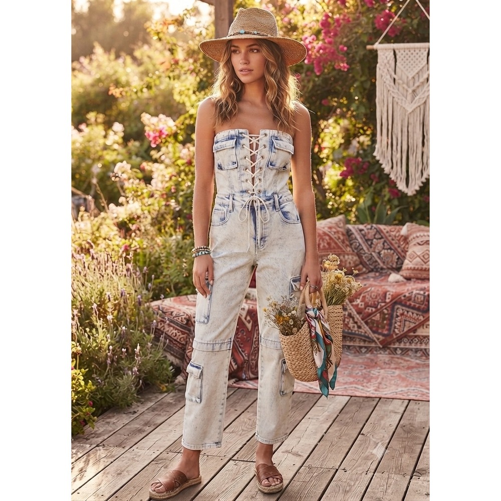 Fashion Nova One Last Dance Denim Jumpsuit Light Wash Lace Up Cargo Strapless XS
